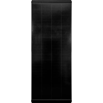 Black solar panel with a rectangular shape, consisting of multiple interconnected cells, for converting sunlight into electricity.