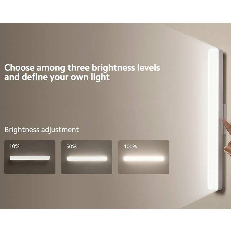Three brightness levels (10%, 50%, 100%) are displayed on a screen to select the desired light intensity.