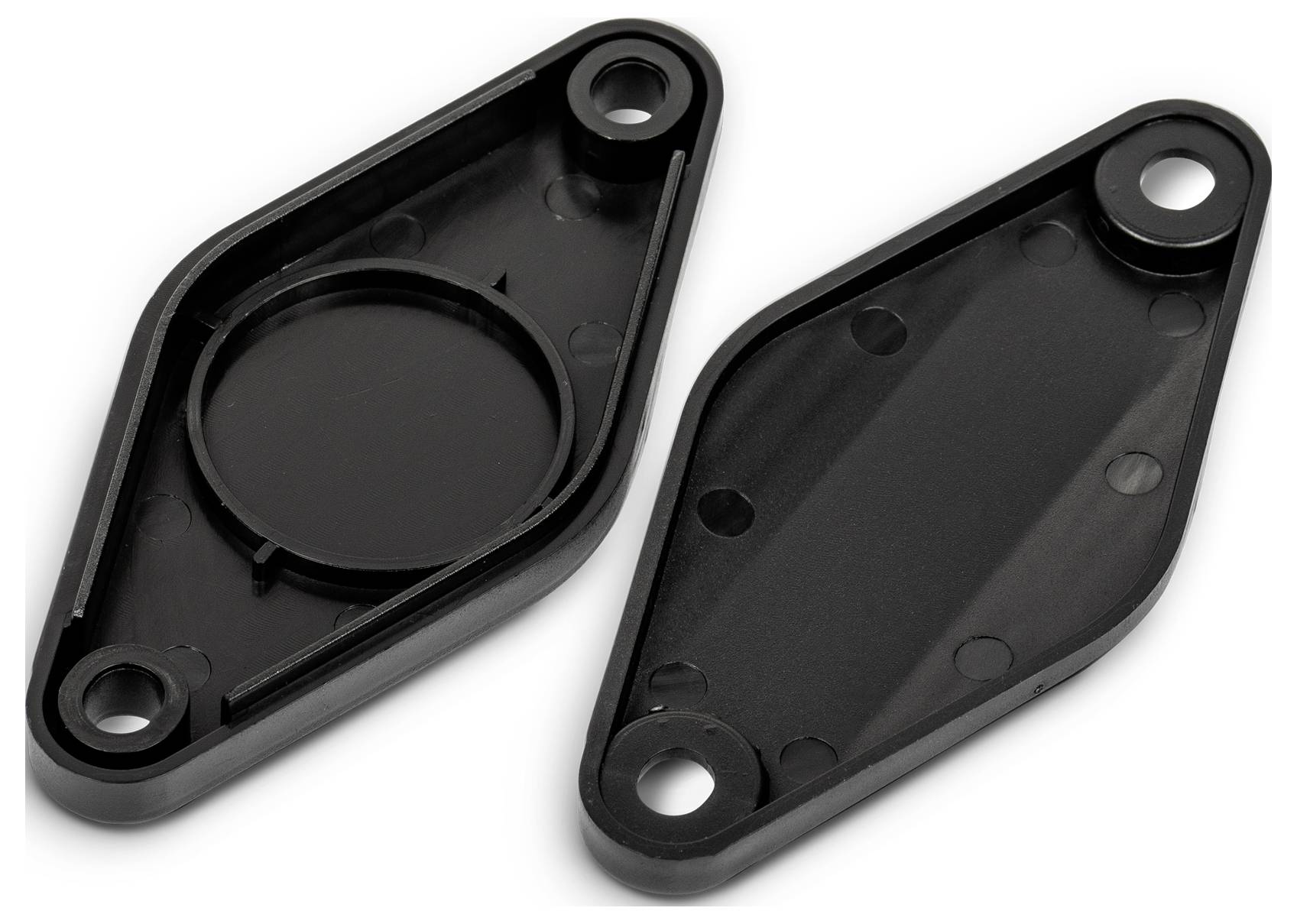 Black plastic covers in a diamond-shaped design with round openings at the corners, shown from two perspectives.