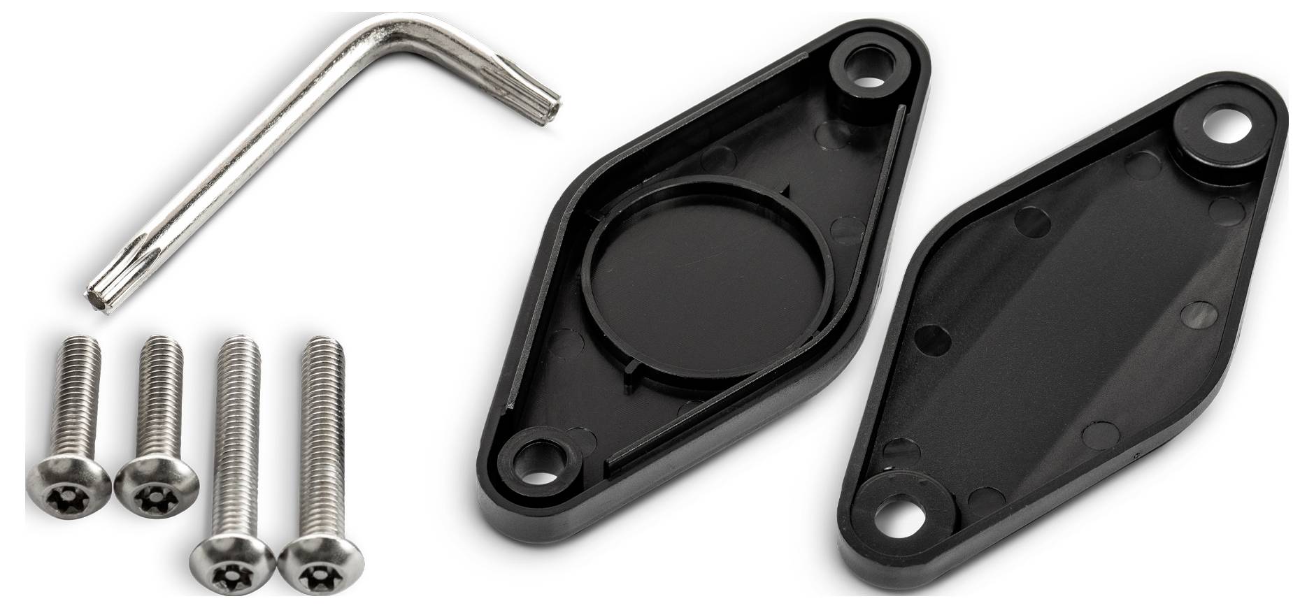 Mounting set comprising four screws, an Allen key, and two black plastic covers for a technical or electronic application.