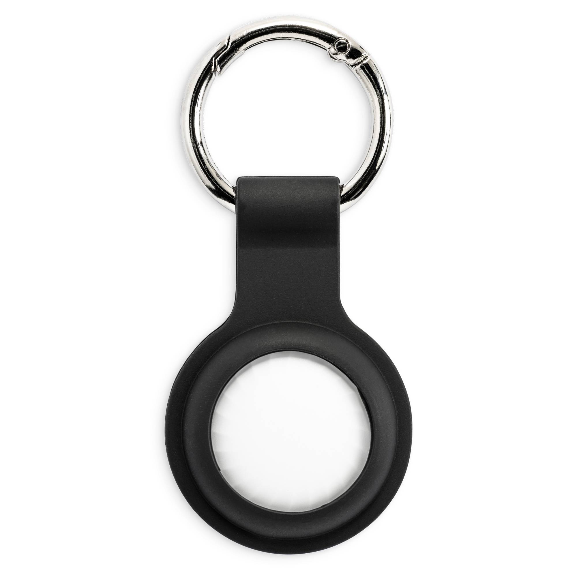 A round, black metal keyring with an opening in the centre, suitable for attaching to keys or bags.