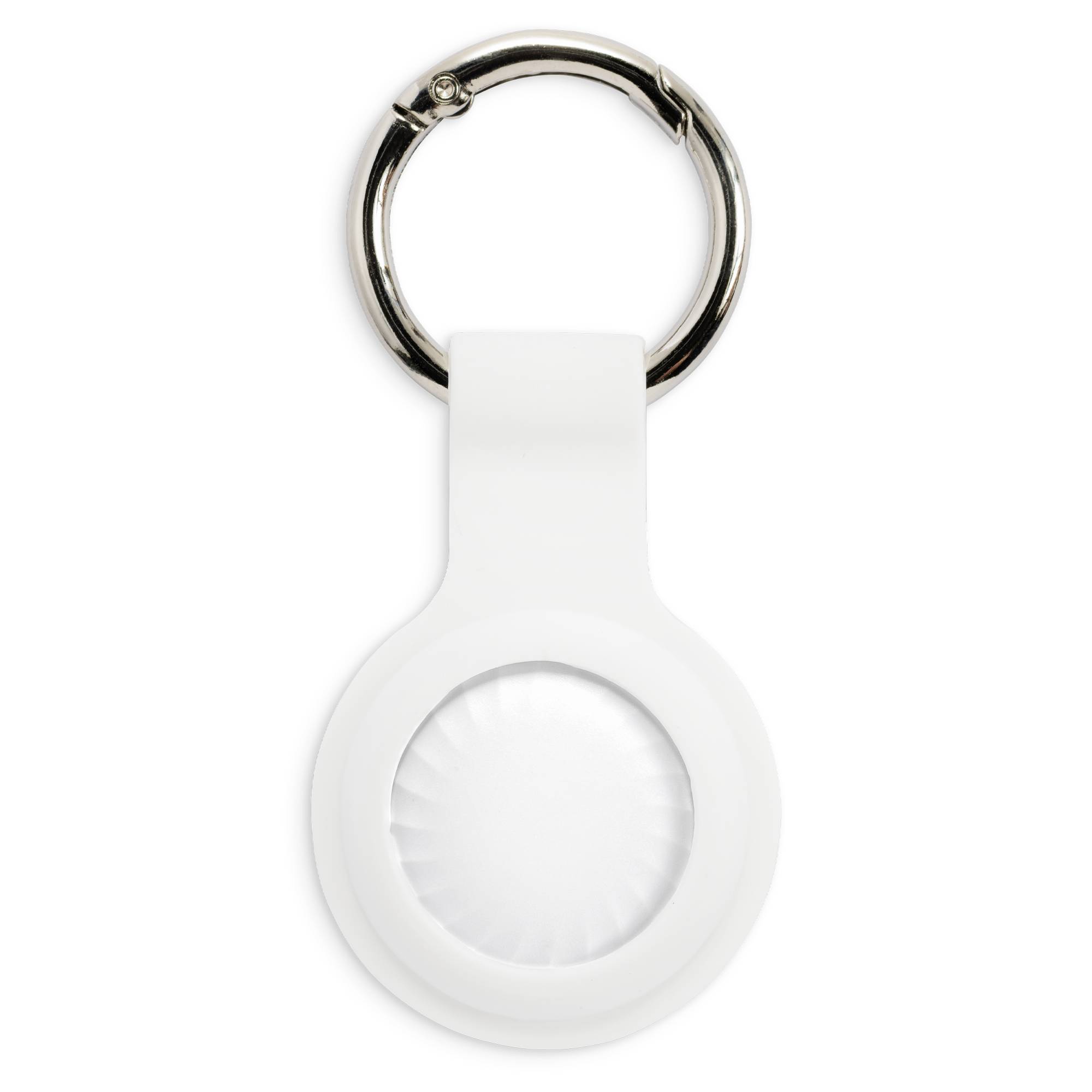 A white keyring with a round, textured insert in the lower section.