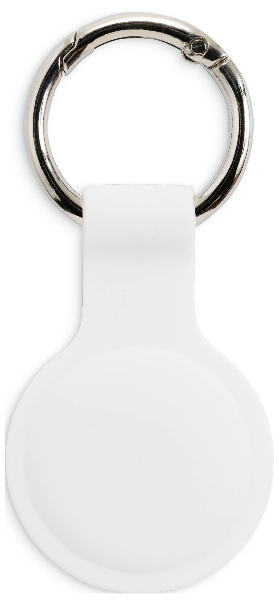 Keyring with a round, white plastic section at the bottom and a silver metal ring at the top.