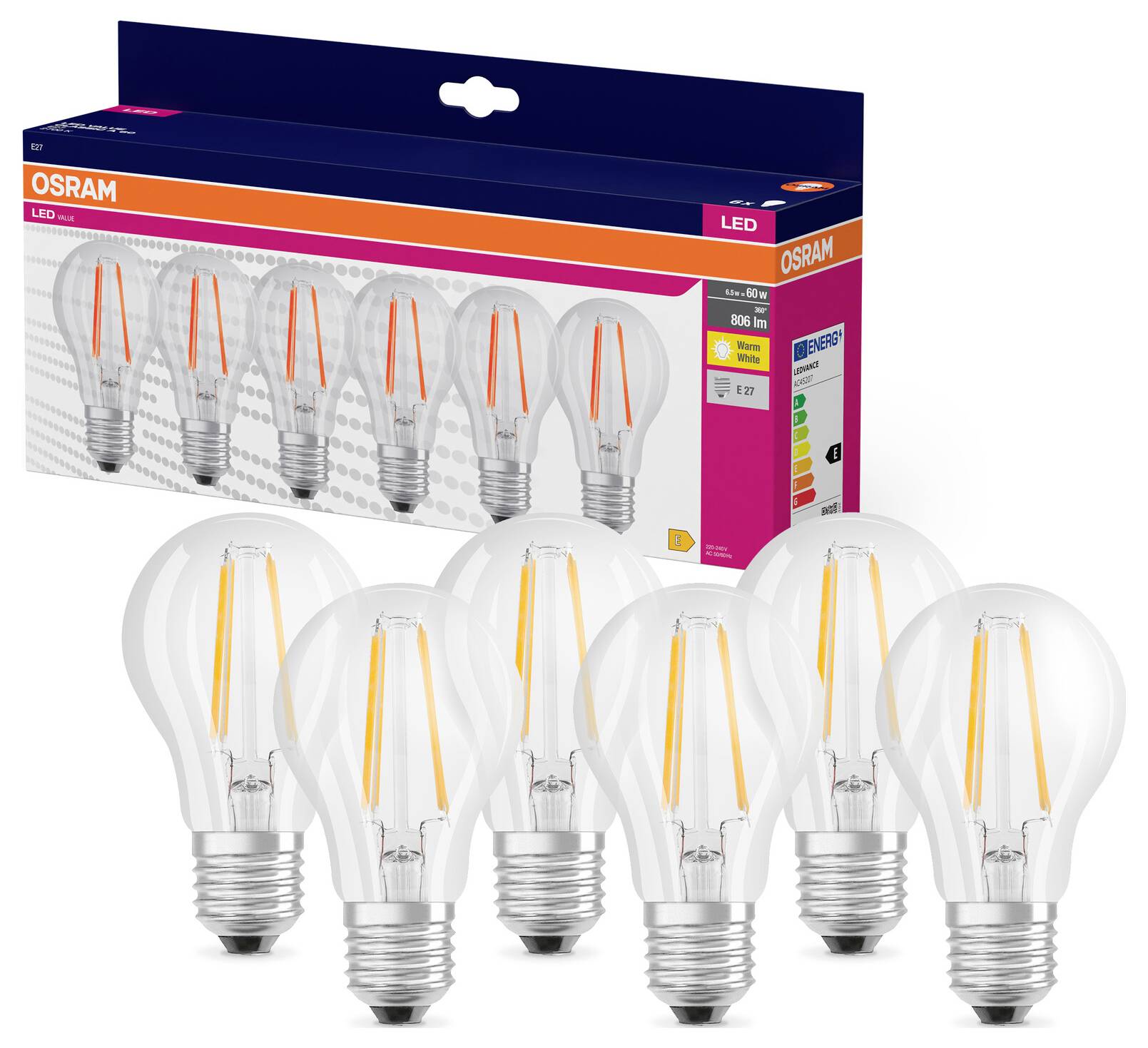 Six LED light bulbs standing upright in front of a package labelled 'OSRAM'. Energy-saving, E27 type, warm white light.