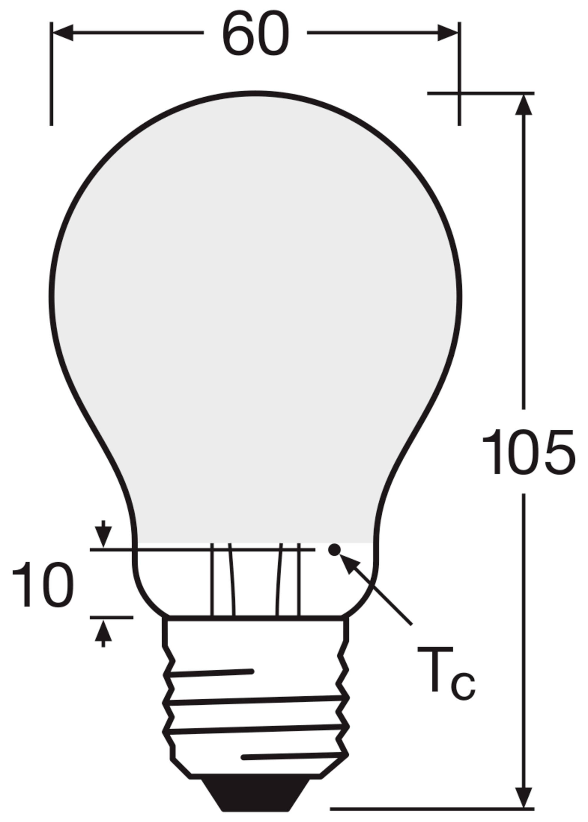 Light bulb diagram with dimensions: Width 60 mm, Height 105 mm, Base diameter 10 mm, marked point Tc.