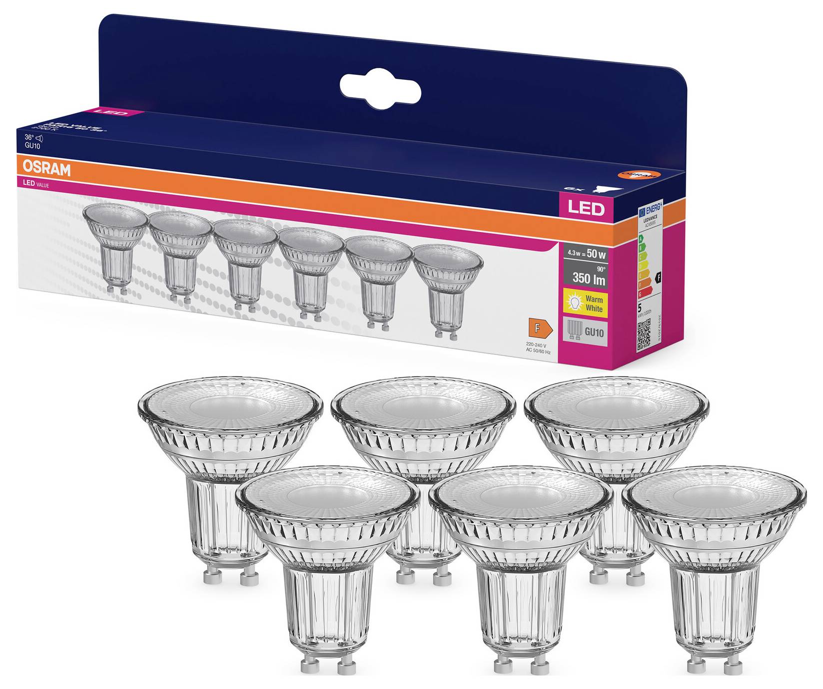 Six LED light bulbs in front of packaging with the OSRAM logo. Each bulb has 350 lumens, 5 watts and replaces a 50W light bulb. Energy rating F.