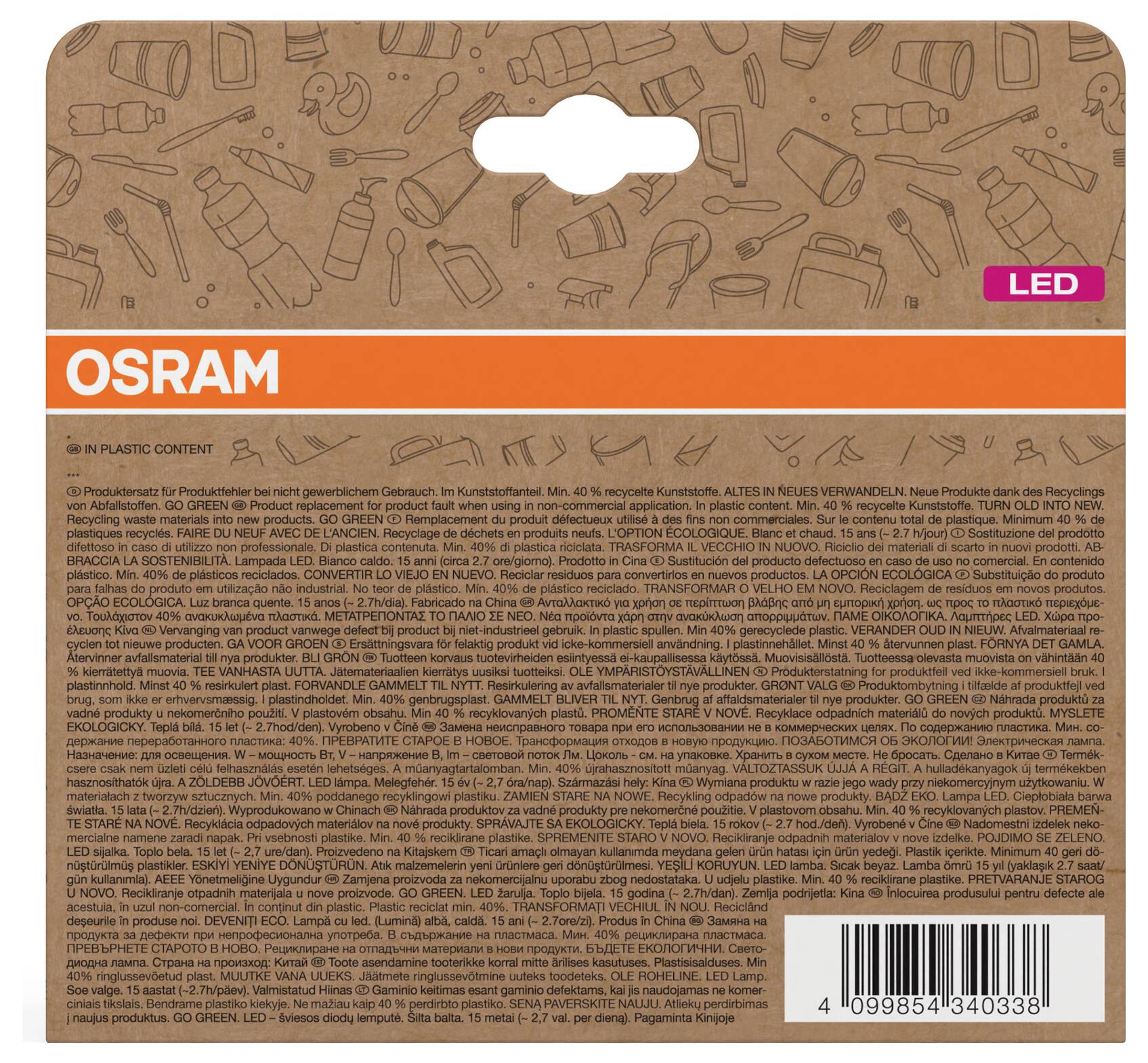 OSRAM LED light bulb packaging in brown cardboard with orange branding, 'LED' label, multilingual product text, and barcode.<br>