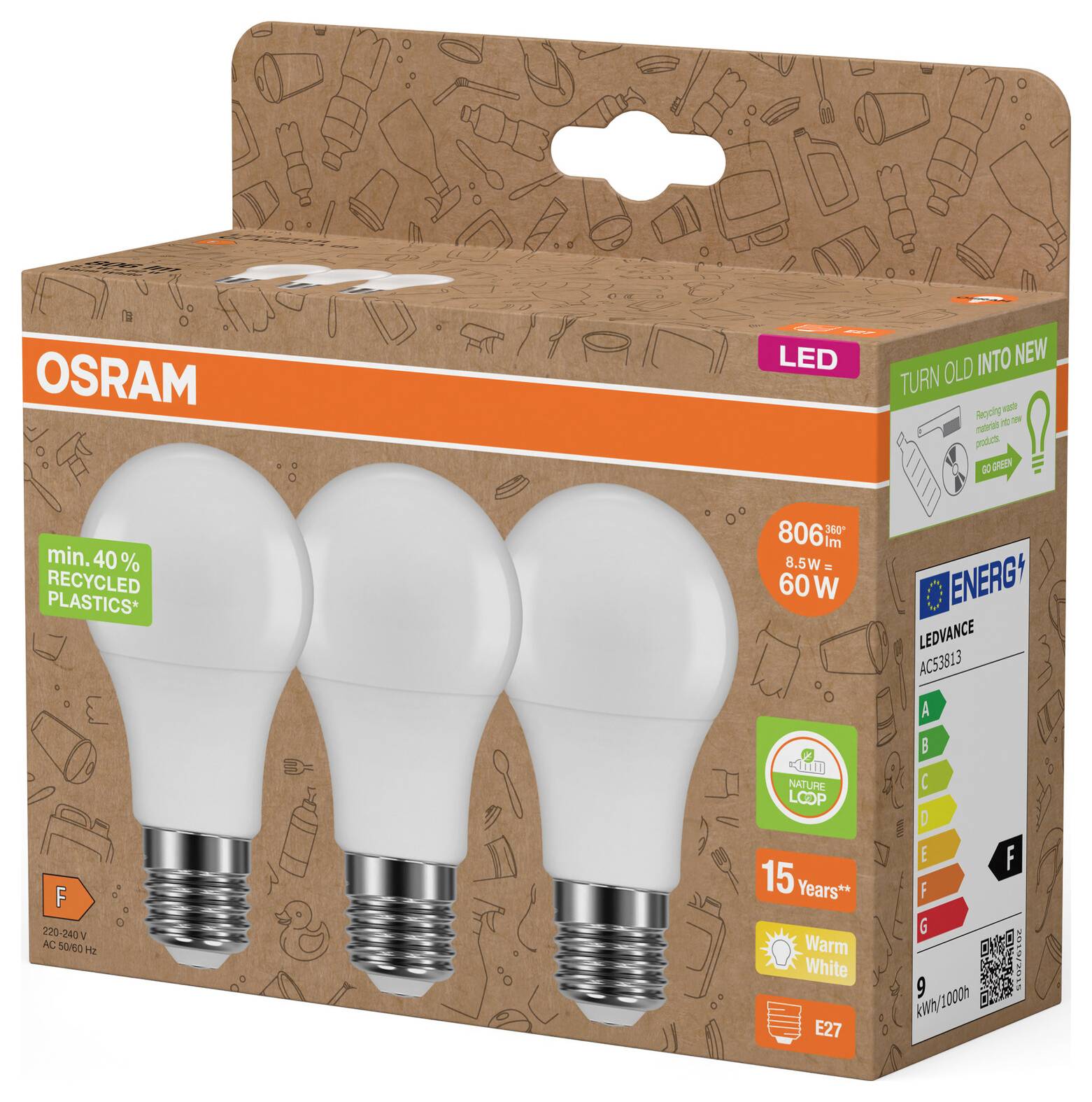 OSRAM LED light bulb retail box with three white bulbs, labeled 8.5W, 806 lumens, warm white, and energy class F.
