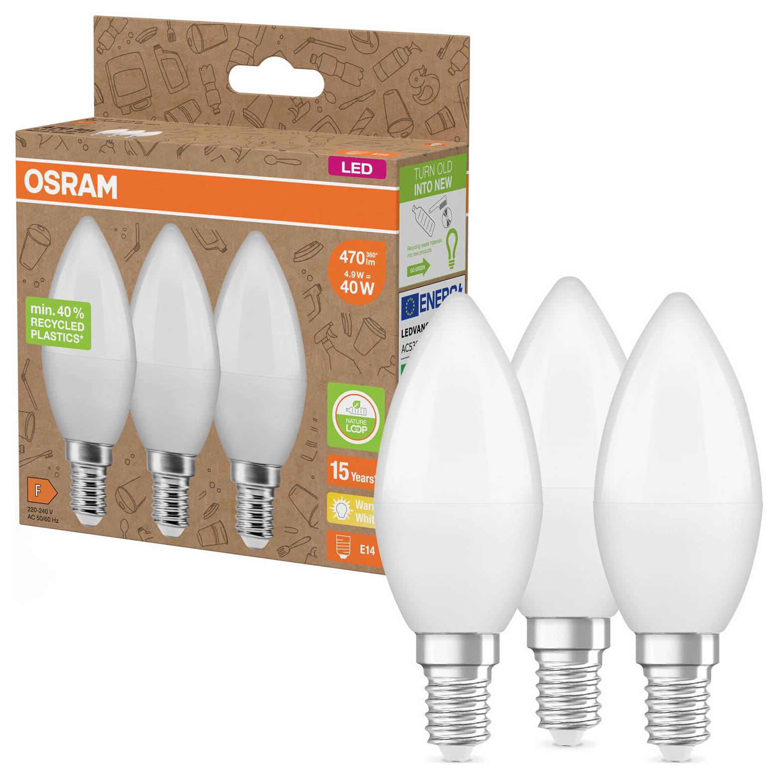 A pack of three OSRAM LED candle bulbs, energy-efficient, equivalent to 40W, with 470 lumens and E14 base, partly made from recycled plastic.