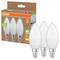 A pack of three OSRAM LED candle bulbs, energy-efficient, equivalent to 40W, with 470 lumens and E14 base, partly made from recycled plastic.