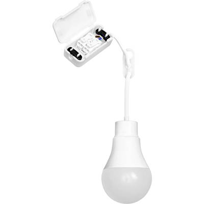 A white LED light bulb with an exposed junction box reveals the internal wiring.