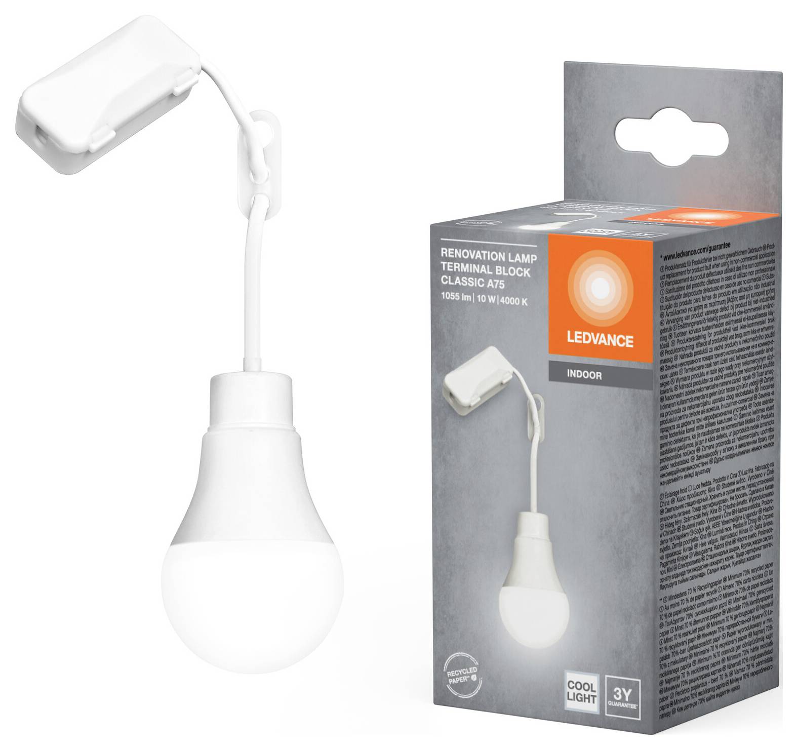 A LED lamp with a connection block beside its packaging, labelled as 'Renovation Lamp Classic A' for interior use.