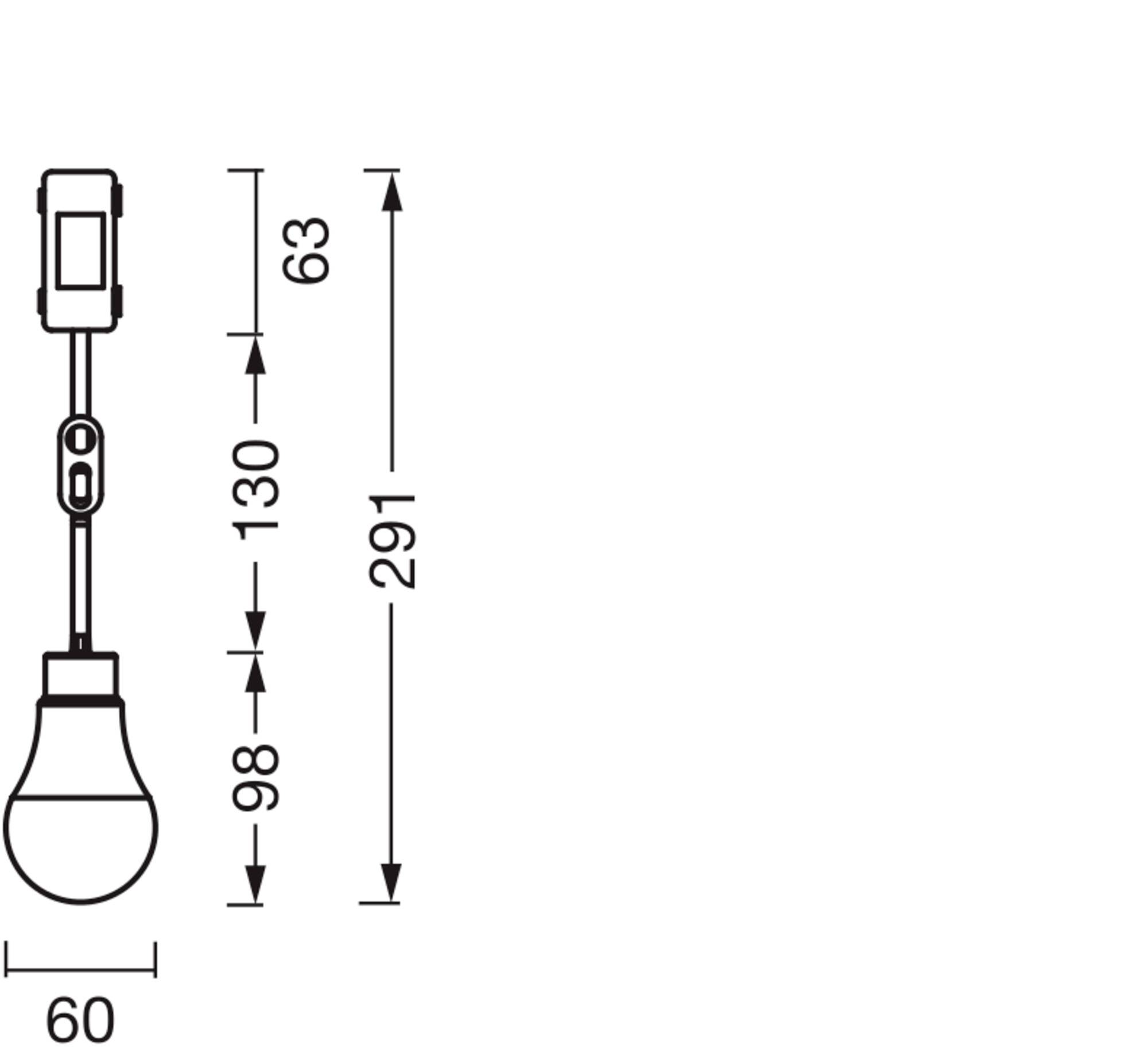 'Technical drawing of a light fitting with an overall height of 291 mm, comprising a socket, light bulb, and a narrower suspension rod 60 mm wide.'