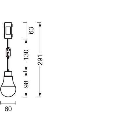 'Technical drawing of a light fitting with an overall height of 291 mm, comprising a socket, light bulb, and a narrower suspension rod 60 mm wide.'