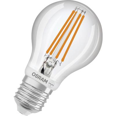 A clear LED light bulb by Osram with visible orange LED filaments and a silver base.