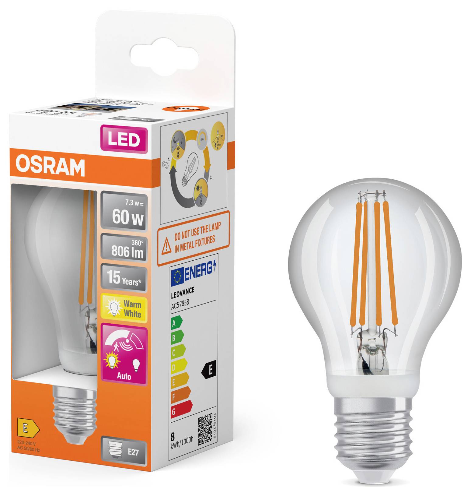 LED light bulb next to packaging. Packaging shows LED, 60W, 806 lumens, warm white tones. Energy efficiency class E, 15-year lifespan.
