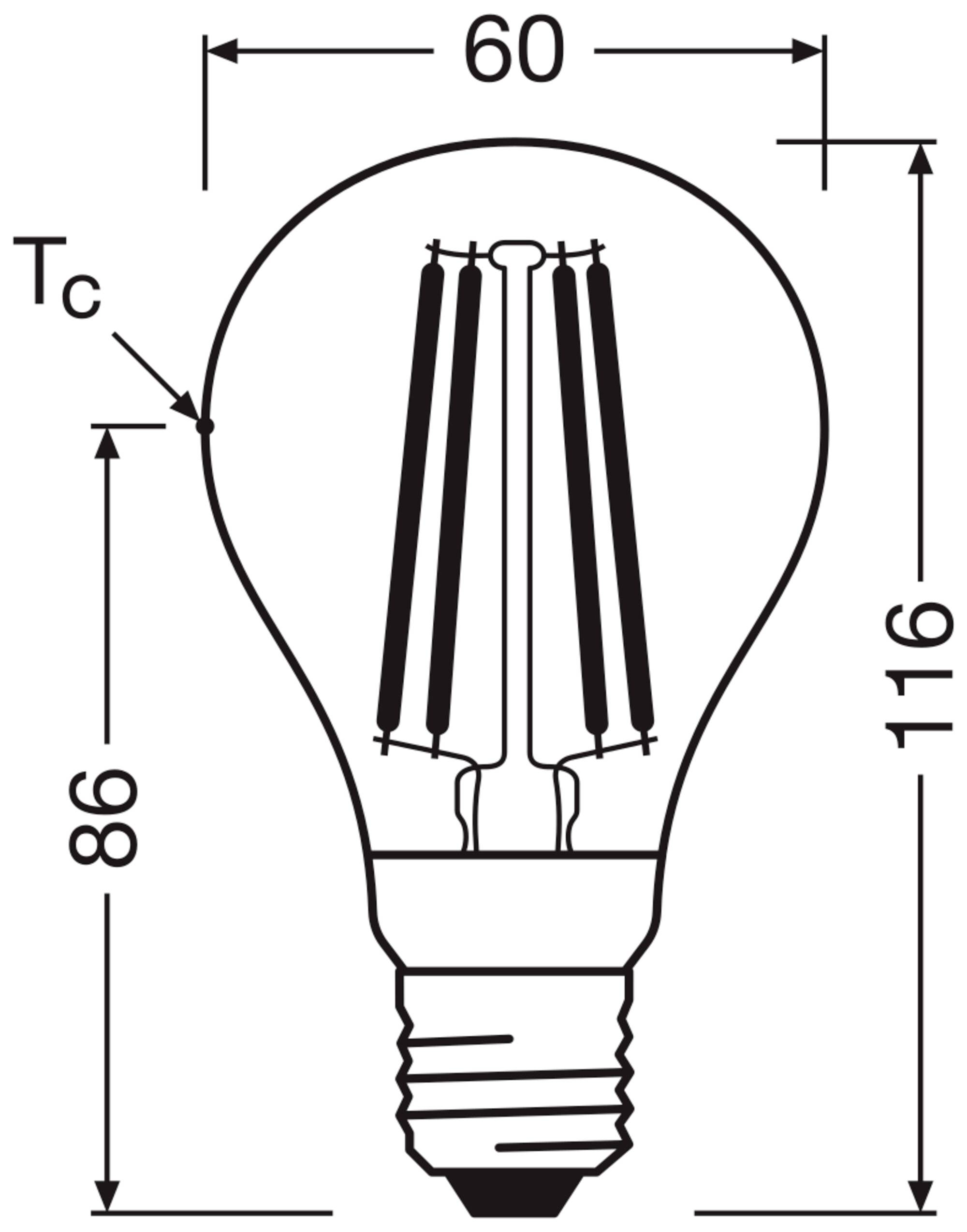 Illustration of a light bulb with dimensions: Height 116 mm, Width 60 mm. Tip 'Tc' at 86 mm from the base.