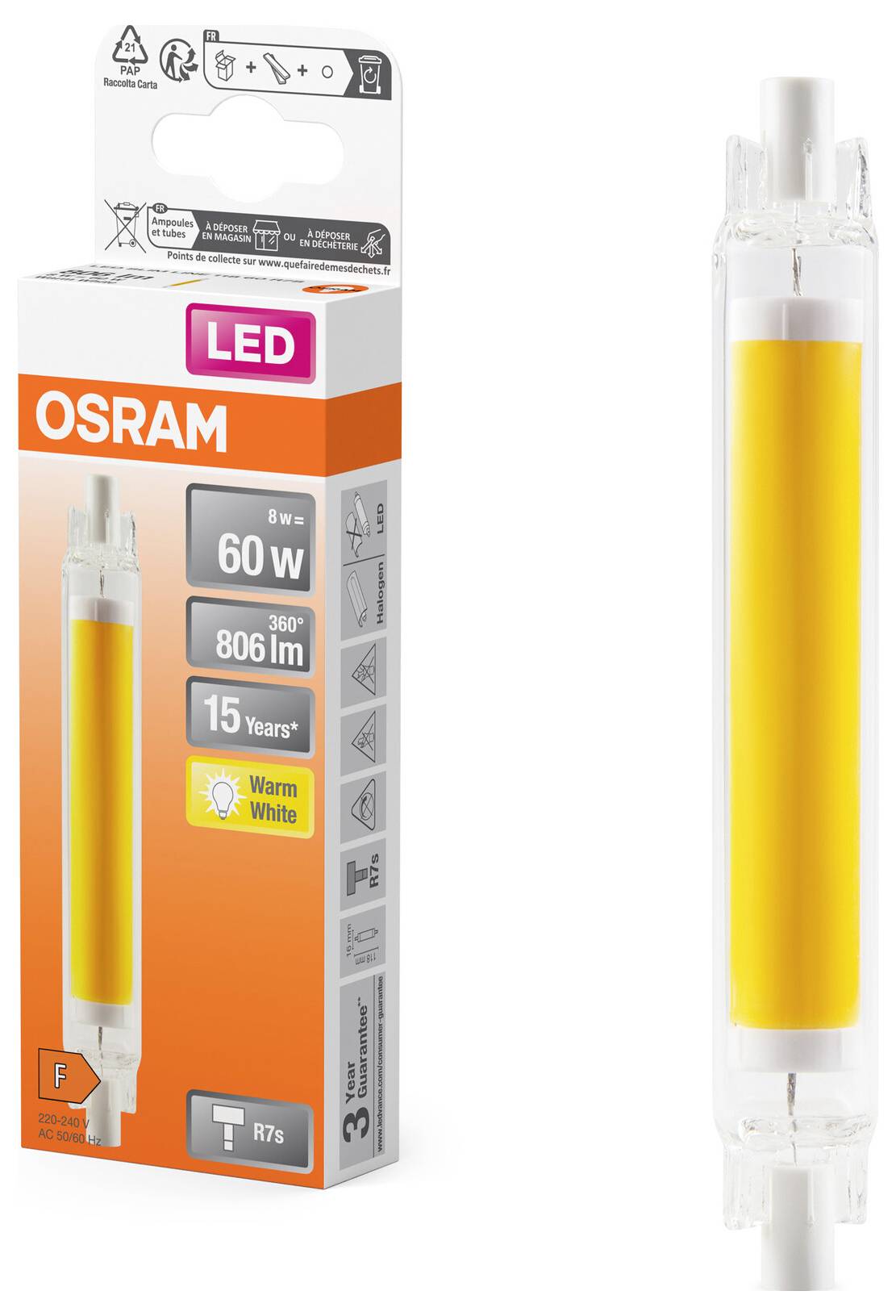 OSRAM LED Lamp, equivalent to 60 W, 806 lumens, warm white, with 360° beam angle, 15-year lifespan, Energy Class F. Packaging and lamp shown in image.