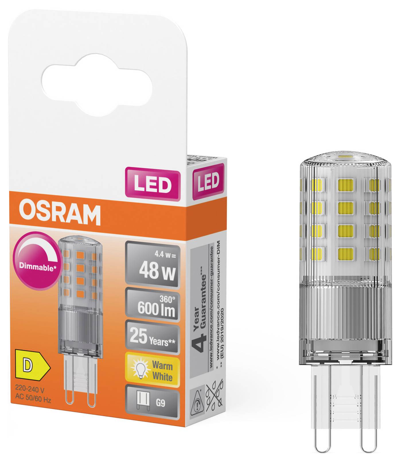 An OSRAM LED light bulb, dimmable, 4.4W, replaces 48W, 600 lumens, warm white, Energy Class D, 25-year lifespan. Packaging shows details.
