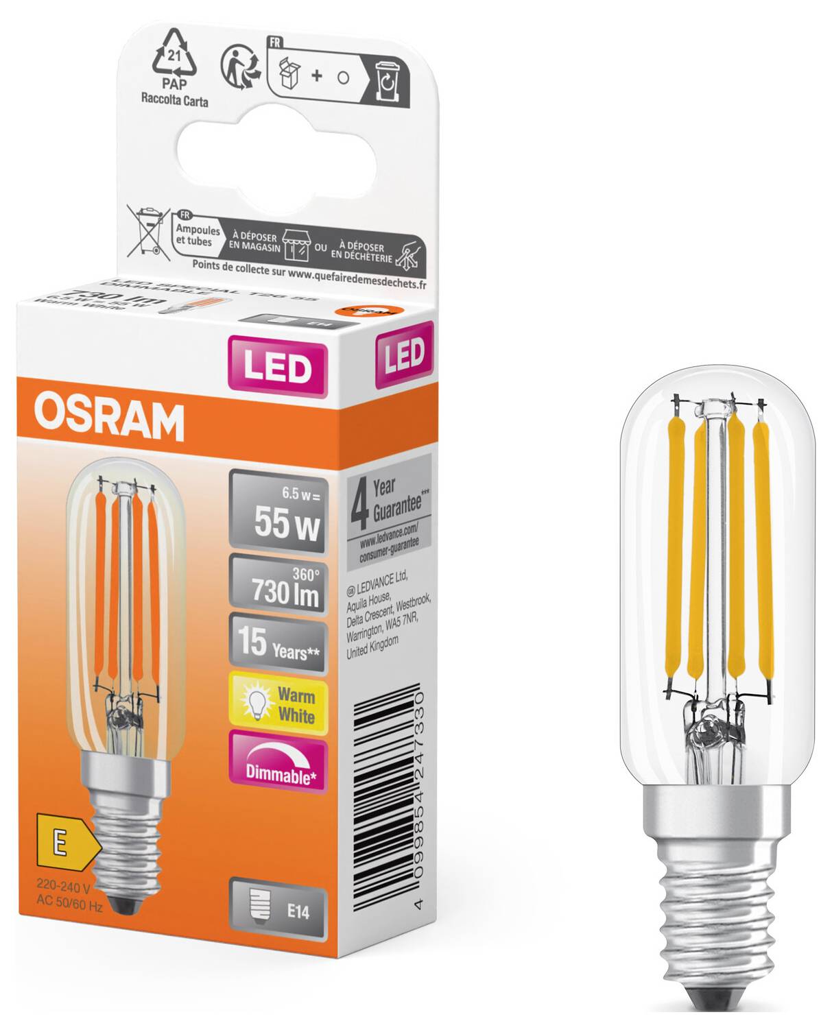 An Osram LED light bulb packaging with 55 watts, 730 lumens, warm white light, dimmable, E14 fitting, and 4 years' warranty.