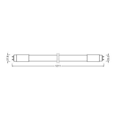 Illustration of a fluorescent tube with dimensions of 1211 mm length, 27.8 mm and 25.5 mm diameter at the ends.