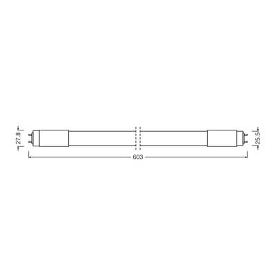 Technical drawing of a tube with the following dimensions: length 603 mm, diameter 27.8 mm on the left side and 25.5 mm on the right side.