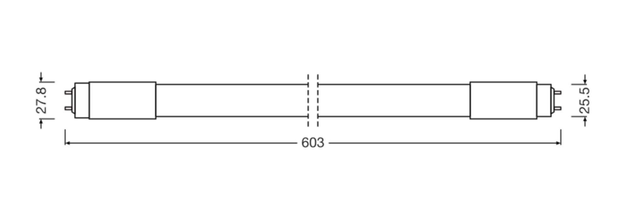 Diagram of an elongated tube with dimensions 603 mm length, 27.8 mm on the left, 25.5 mm on the right.