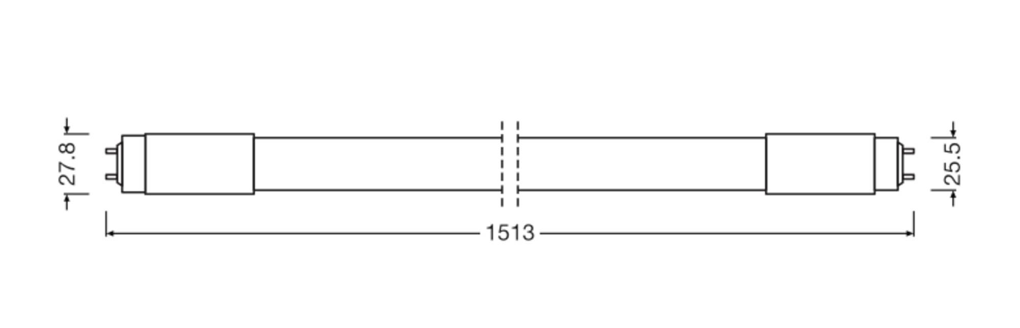 Drawing of a fluorescent tube with dimensions: length 1513 mm, one side 27.8 mm and other side 25.5 mm.