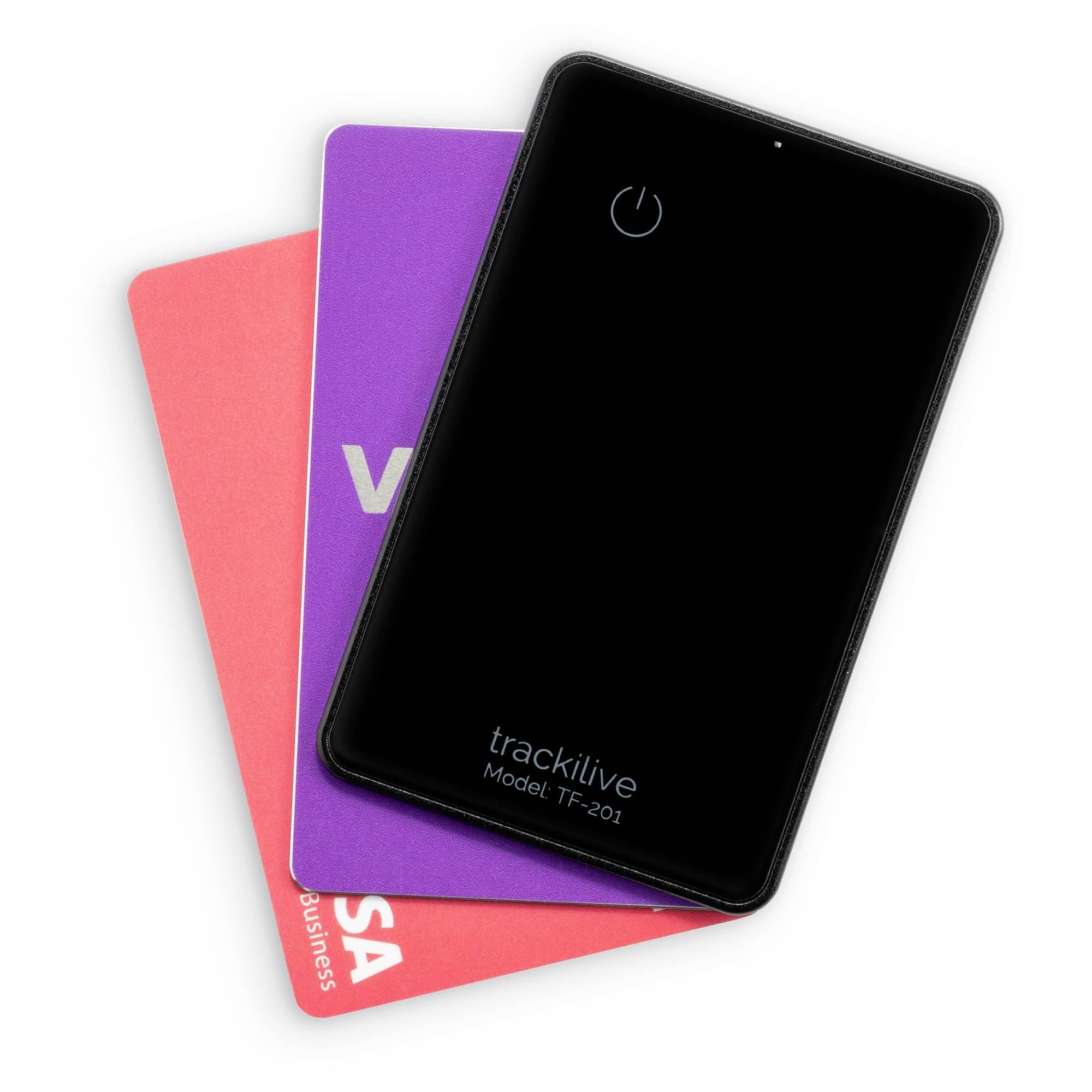 Three overlapping cards with a GPS tracker on top, model 'trackilive TF-201'. Underneath, two credit cards in red and purple.