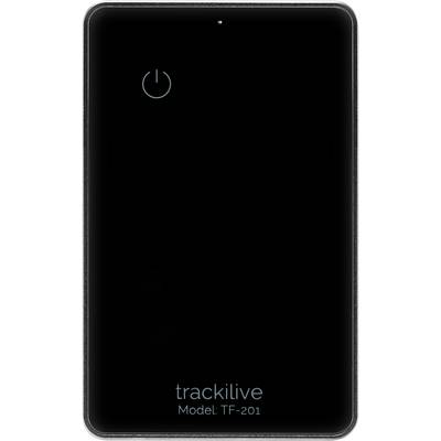 A black device with a blue power button symbol on top and the inscription 'trackilive Model: TF-201' at the bottom.
