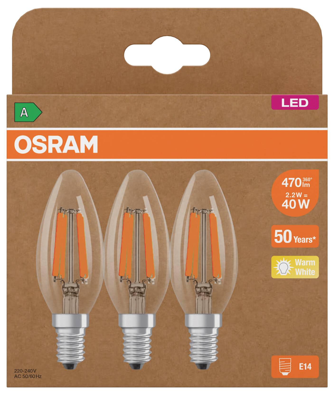 OSRAM LED candle bulb pack of 3, E14 base, warm white, 40W equivalent, 470 lumens, energy class A, 50-year life claim.