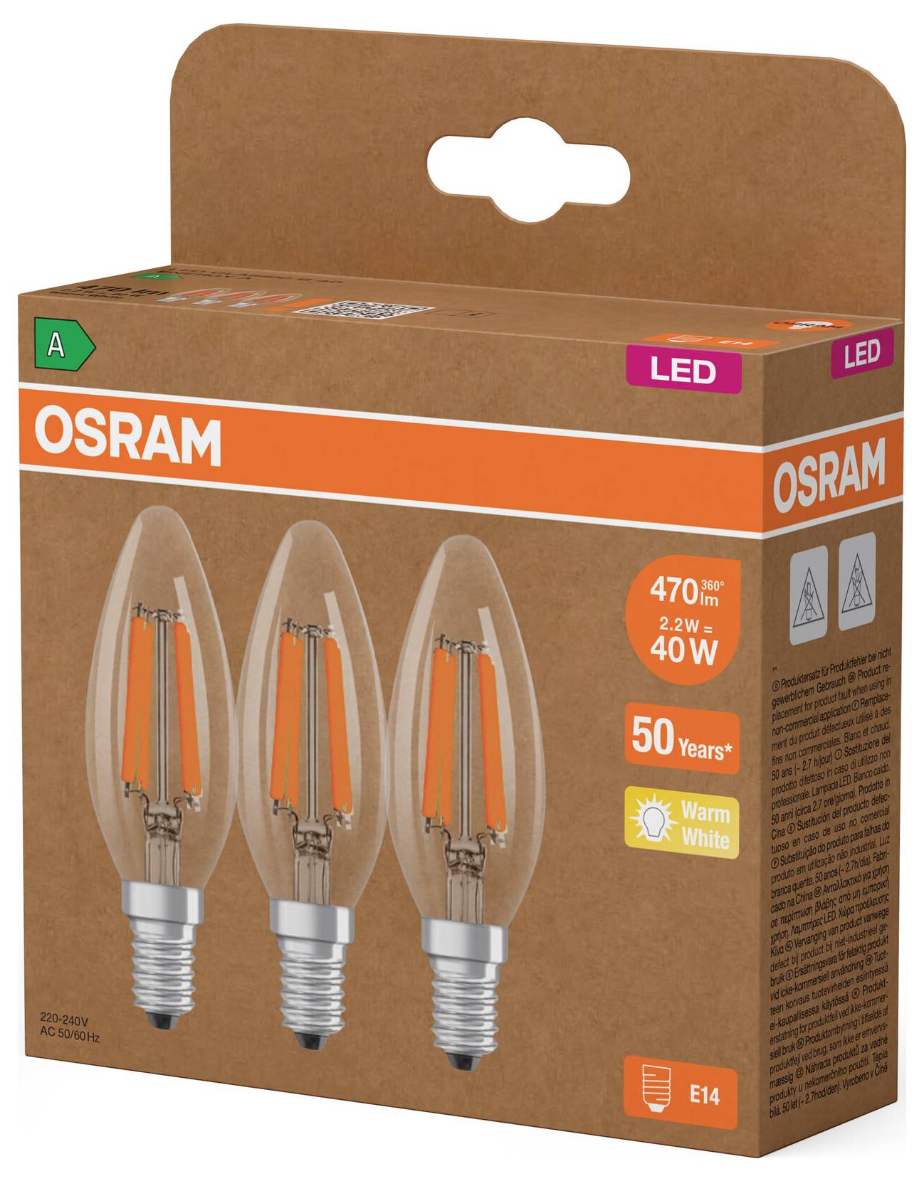 OSRAM LED light bulb package with three warm white 40W-equivalent E14 bulbs shown on the box.