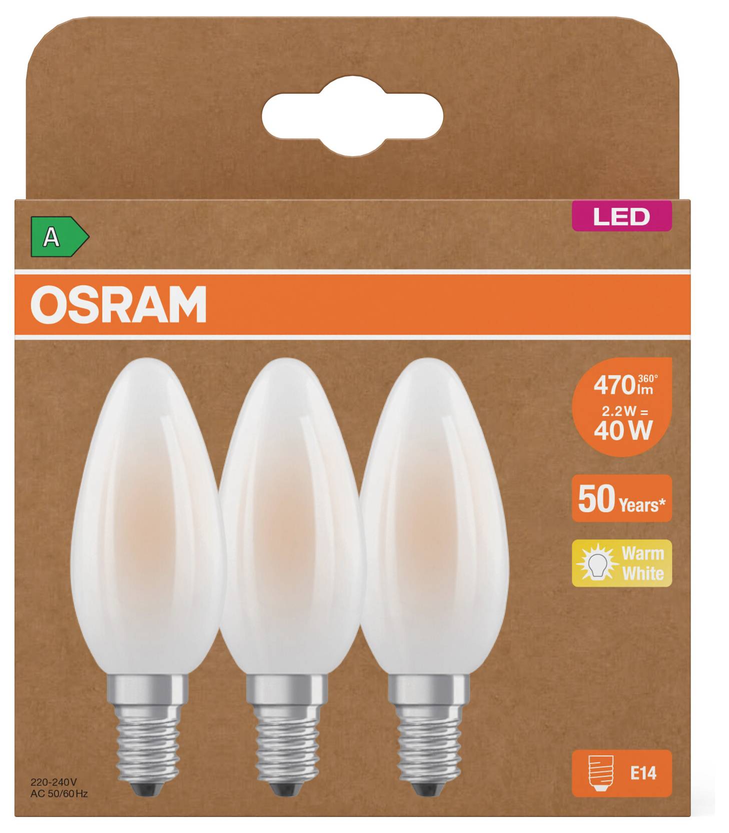 OSRAM LED candle bulb pack of 3, A-rated, warm white, E14 base, 470 lumens, 40W equivalent, 2.2W, 50 years.