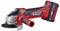 Cordless Angle Grinder in Red and Black. Einhell Brand. Device has an ergonomic handle and a mounted battery.