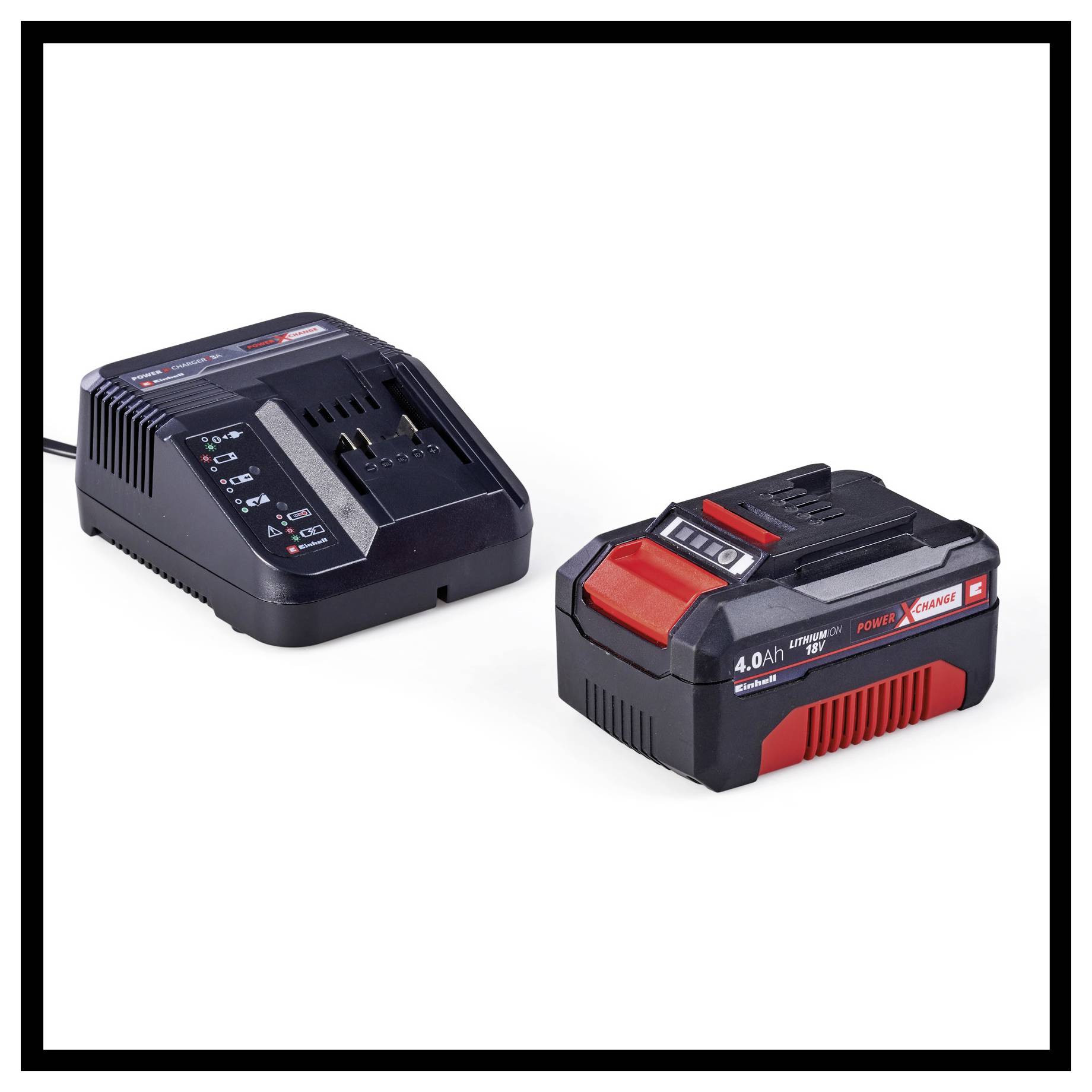 Charger and battery for tools. Both are black with red details. The battery is marked with '4.0 Ah'.