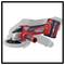 A red, cordless angle grinder with a battery and black handle, brand 'Einhell', is placed against a grey background.