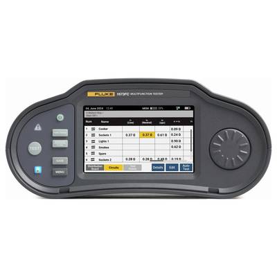 Multifunction test device with display showing tables of electrical circuit values. Buttons for tests, storage and menu are present. Screen data: 'Cooker', 'Sockets', 'Lights', 'Smokes', 'Spare'.
