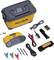 A yellow Fluke device tester with test leads, clips, a charger and a carry case. Suitable for electrical measurements.
