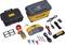 Various tools and measuring devices, including a digital multimeter, test leads and accessories, in a yellow and black design.