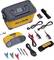 Electrical measuring instrument set with yellow device, cables, clamps, and accessories. Includes 'FLUKE' brand on device and carry case.