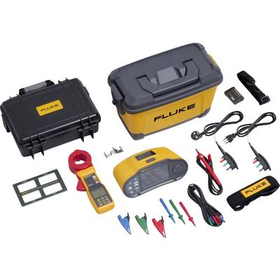 A Fluke multimeter set with accessories: yellow-black multimeter, cables, clamps, two carry cases and a torch.