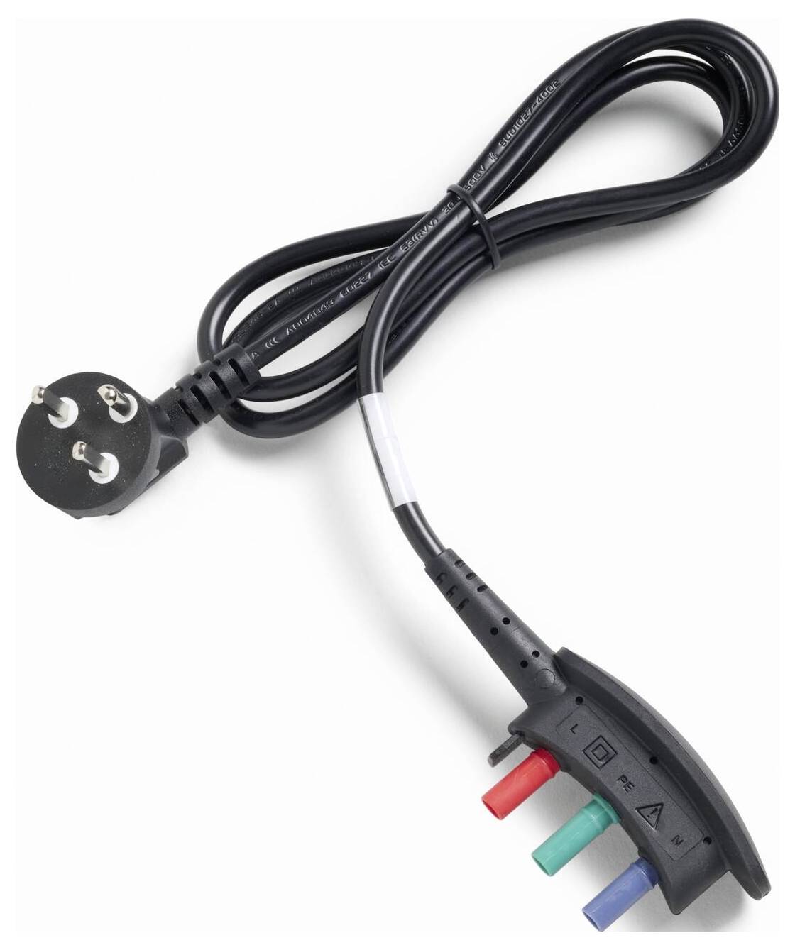 A black electrical cable with a European plug and an adapter with red, blue, and green terminal clips.
