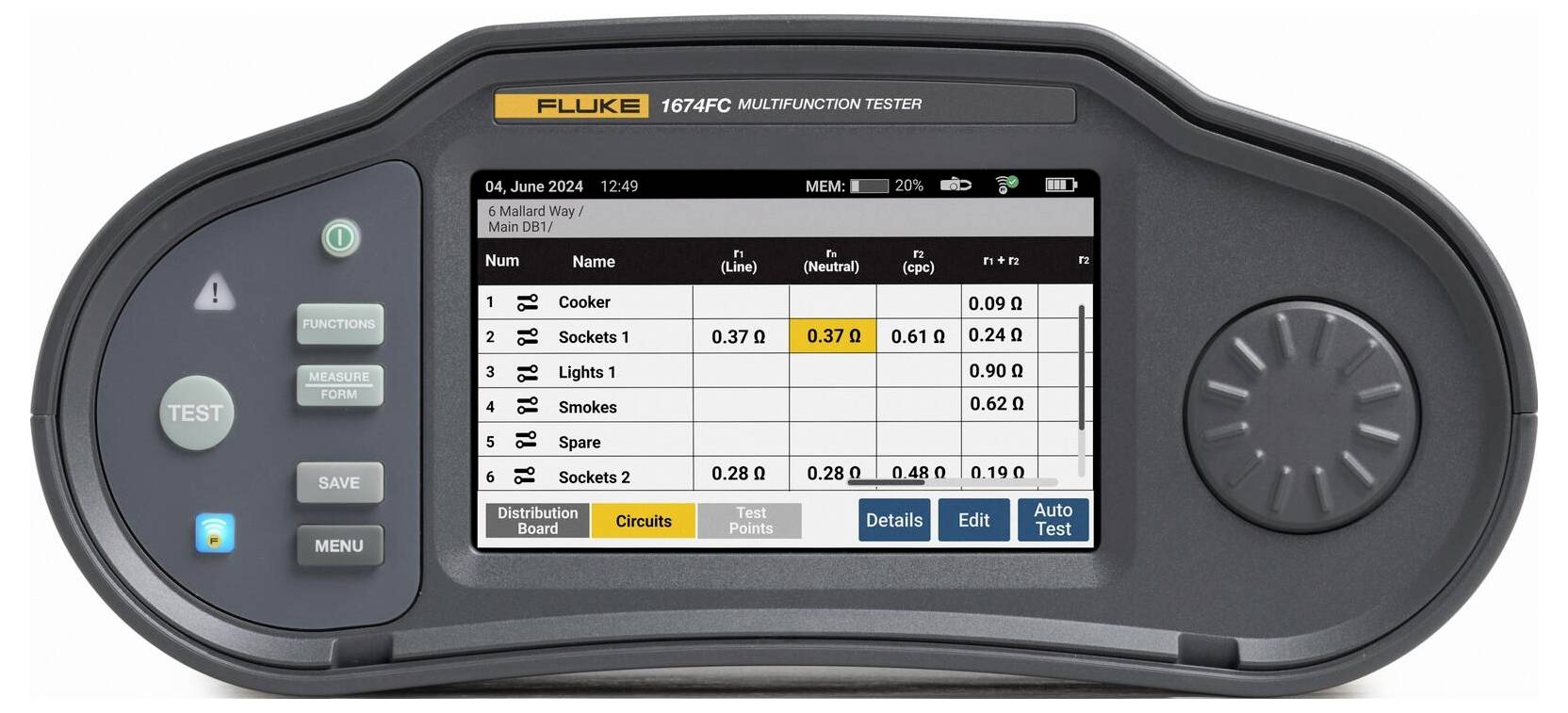Digital multifunction test device with display shows a table of electrical measurement values. Four plug sockets have different readings.