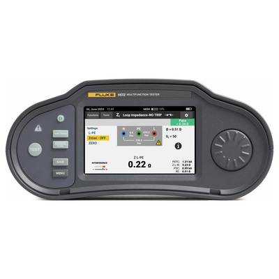 A multifunction tester displays earth loop impedance measurement on the display. Main value: 0.22 ohms. Buttons on the left, rotary dial on the right.