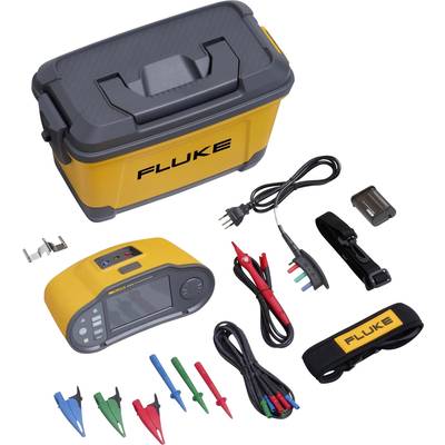 A yellow measuring instrument set with accessories, including cables, clips, and a carry case, for electrical testing and diagnostics.
