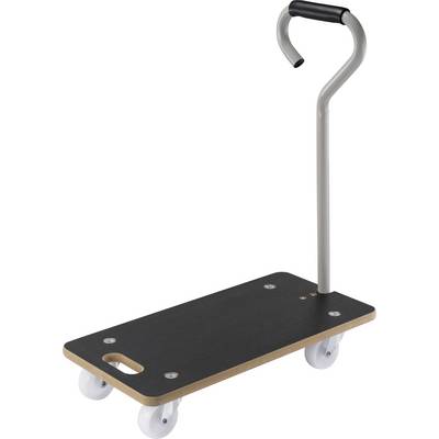 A black trolley with four white wheels and a grey handle, suitable for transporting smaller loads indoors.