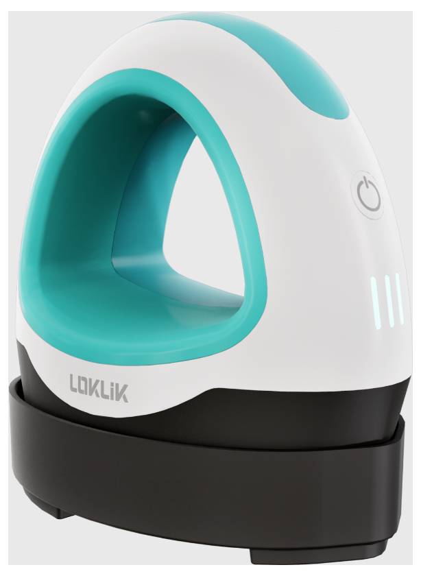 A handy iron, white-turquoise with a black base, has a modern design and a power button on the side.