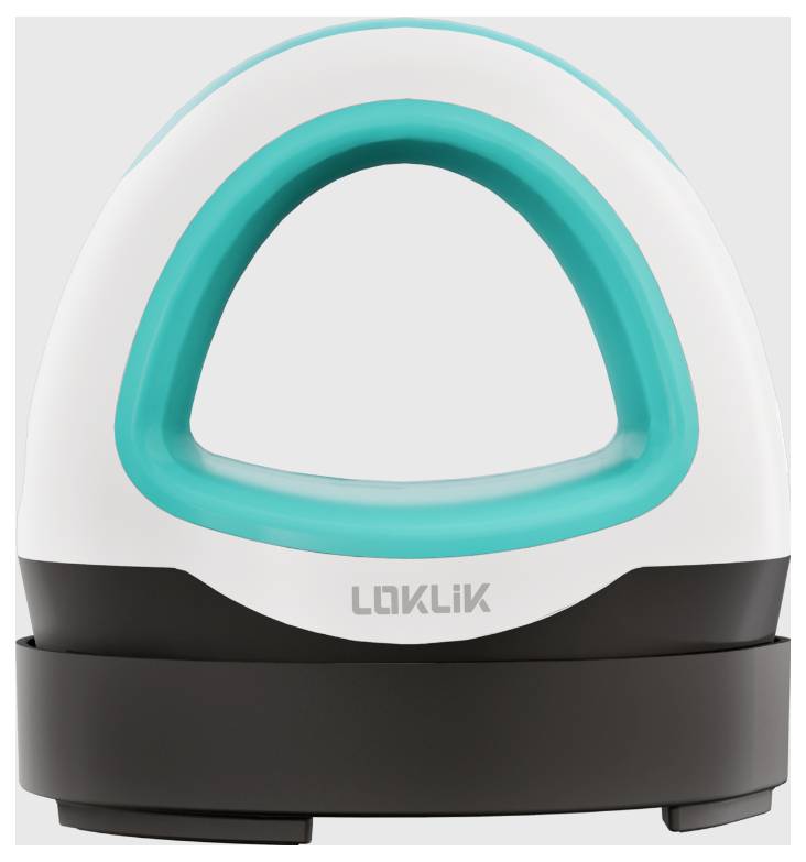 A portable, arc-shaped household appliance with a black base and a teal handle.