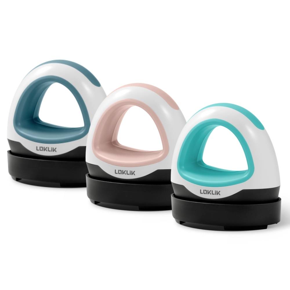 Three curved household appliances with handles in blue, pink, and turquoise, standing on white pedestals. They are marked with the inscription 'LOKLIK'.