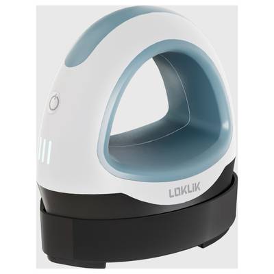 A modern, compact 3D printer with a white and blue casing and a touch control panel.